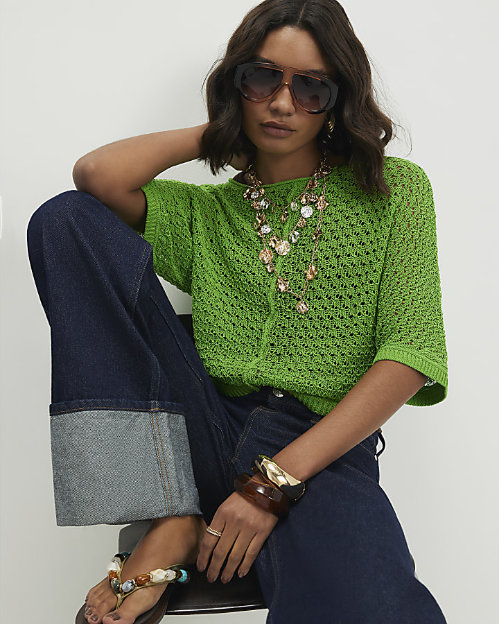 Green Open Stitch Knit T-Shirt