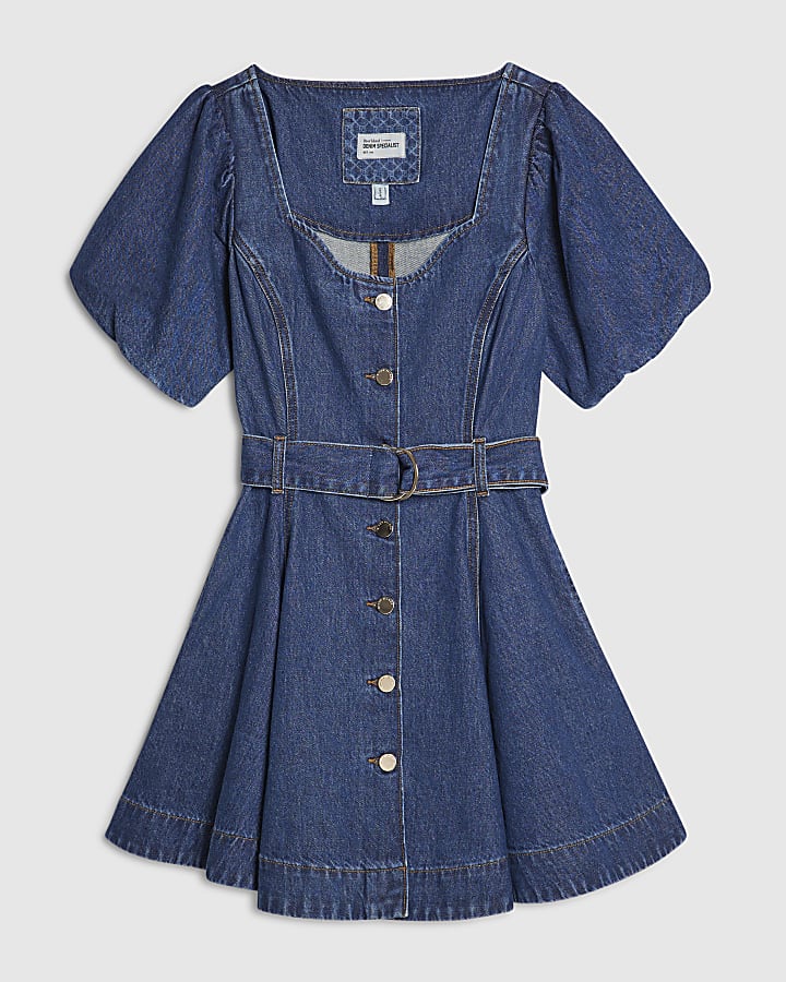 Blue Denim Puff Sleeve Mini Dress