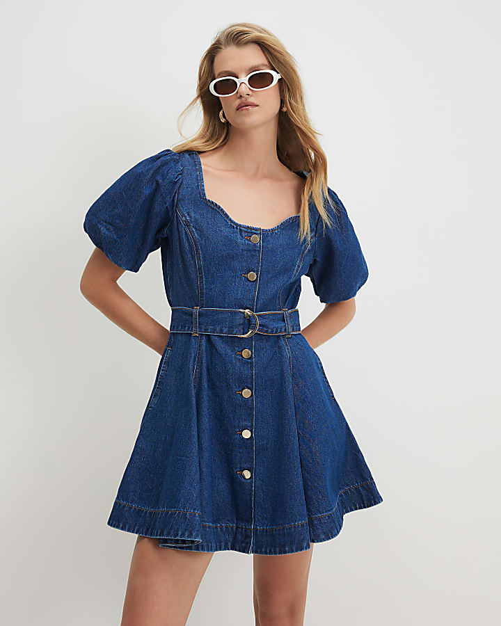 Blue Denim Puff Sleeve Mini Dress
