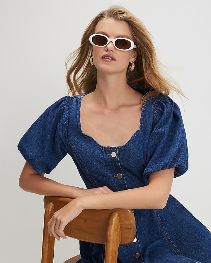 Blue Denim Puff Sleeve Mini Dress