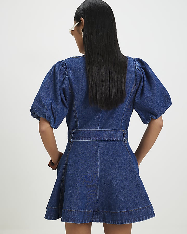 Petite Balloon Sleeve Belted Denim Mini Dress