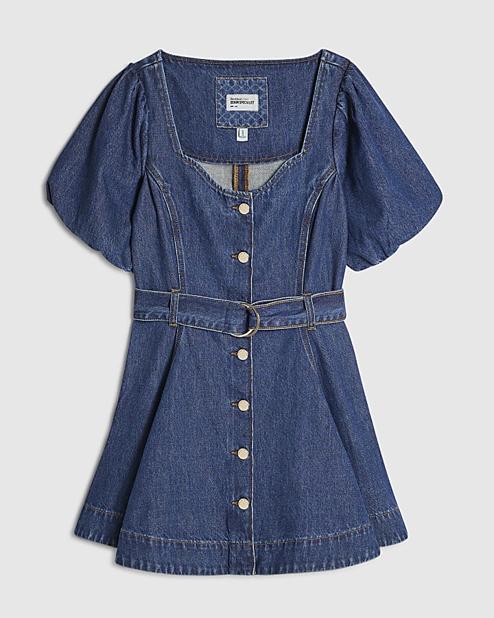 Petite Balloon Sleeve Belted Denim Mini Dress
