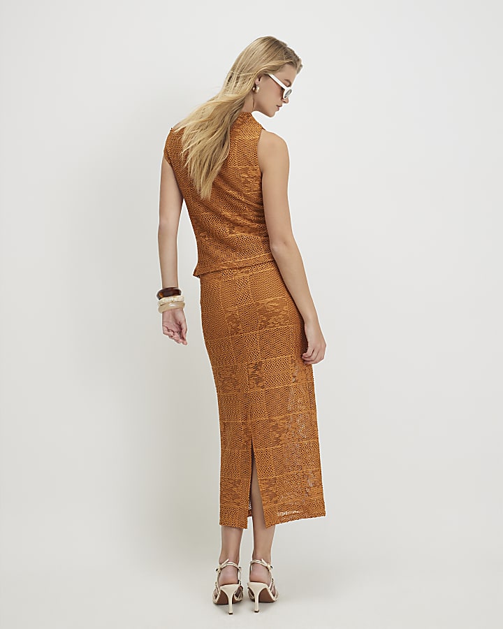 Orange Lace Midi Skirt