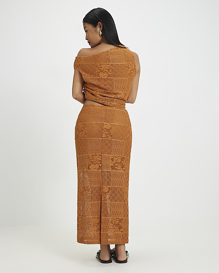 Petite Orange Lace Midi Skirt