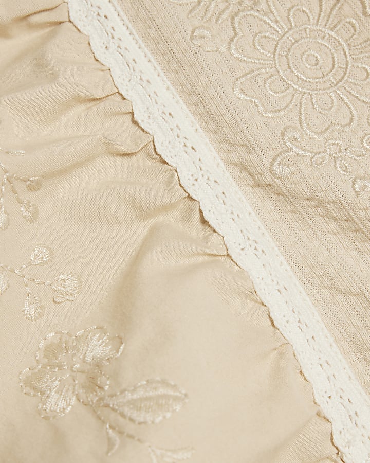 Beige Embroidered V Neck Blouse