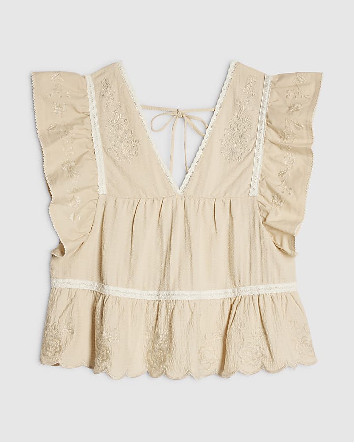 Beige Embroidered V Neck Blouse