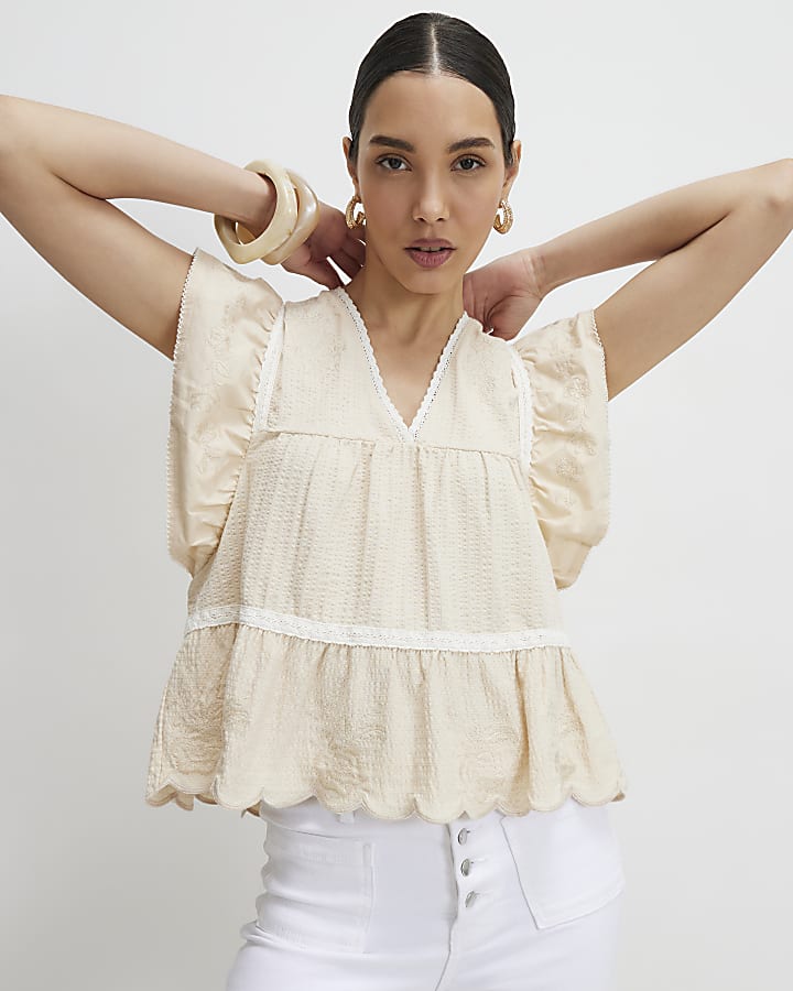Beige Embroidered V Neck Blouse