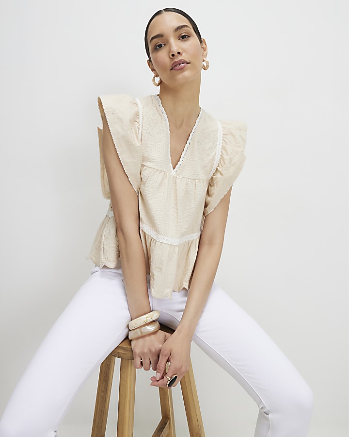 Beige Embroidered V Neck Blouse