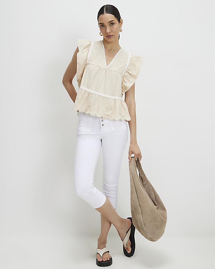 Beige Embroidered V Neck Blouse