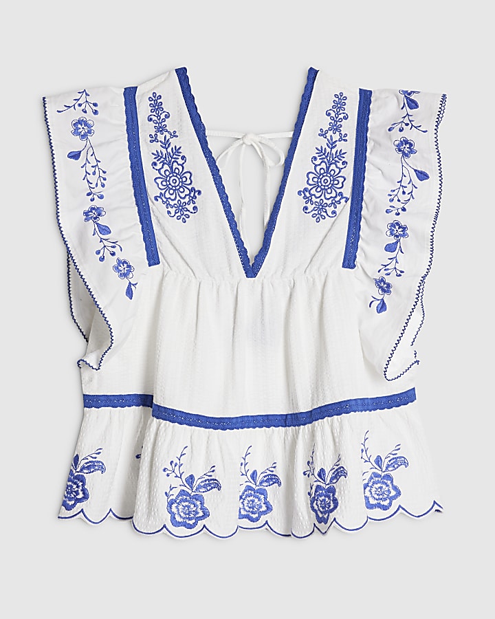 White Cotton Embroidered V Neck Blouse