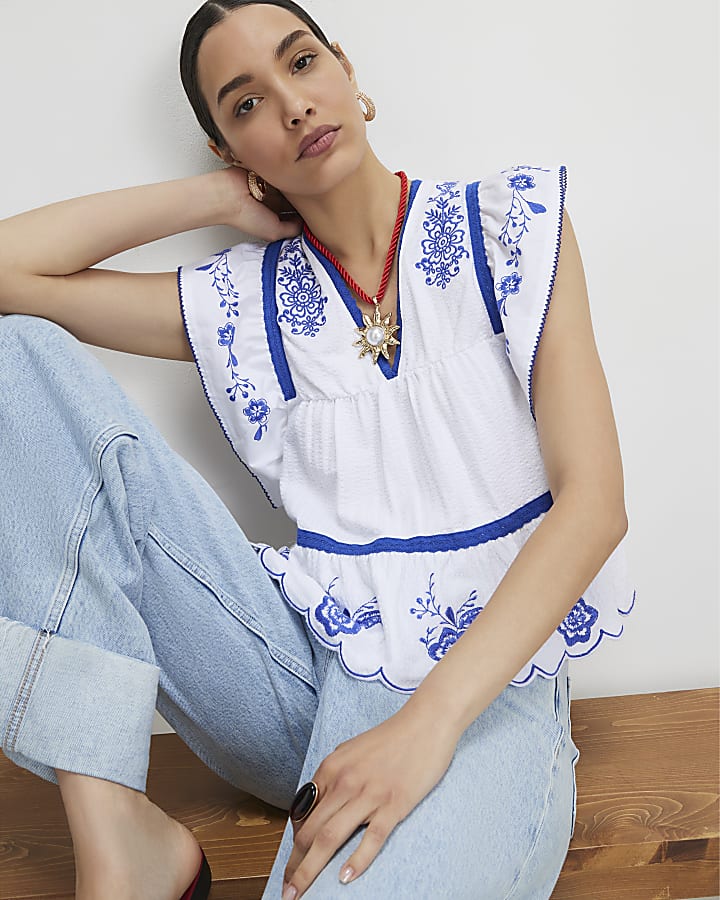 White Cotton Embroidered V Neck Blouse