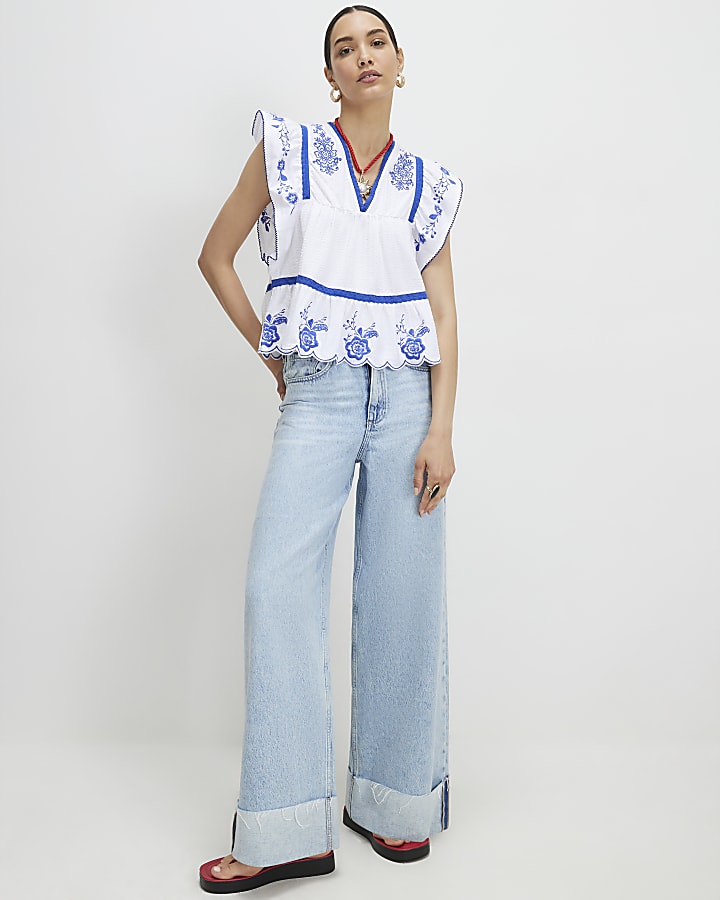 White Cotton Embroidered V Neck Blouse