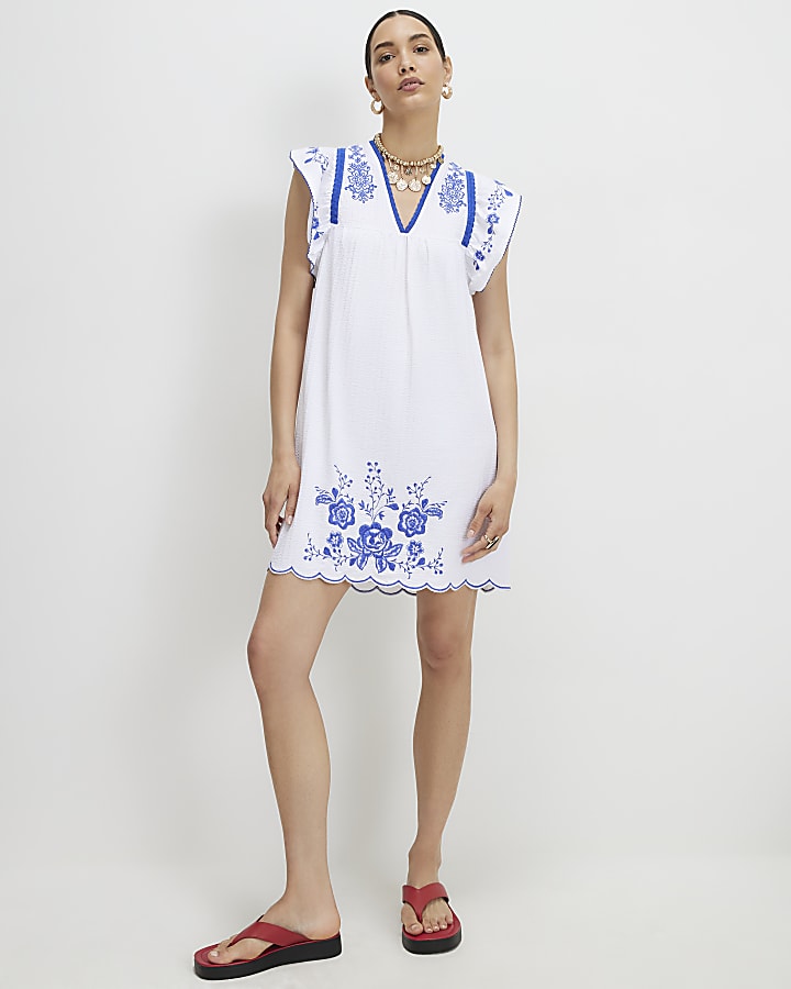 White Embroidered V Neck Mini Dress
