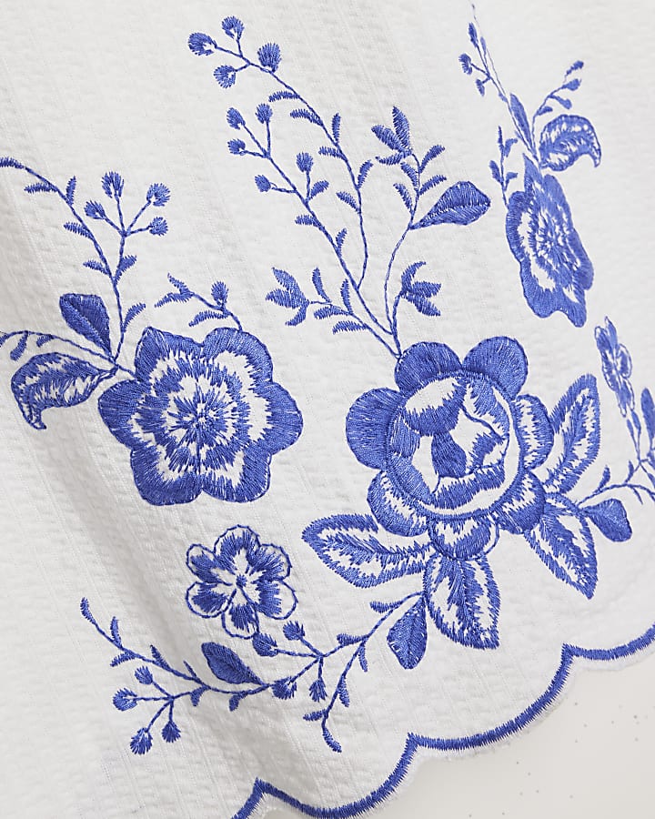 White Embroidered V Neck Mini Dress