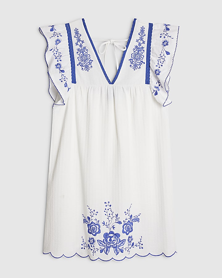 White Embroidered V Neck Mini Dress