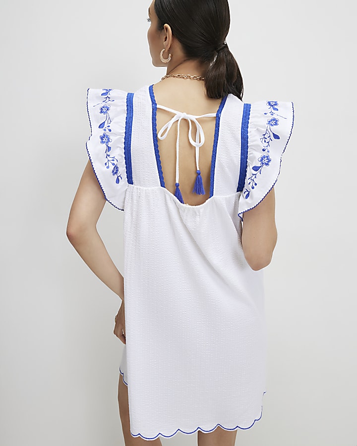White Embroidered V Neck Mini Dress