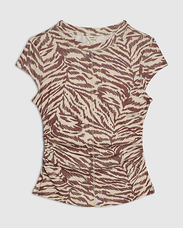 Beige Animal Print Fitted T-Shirt