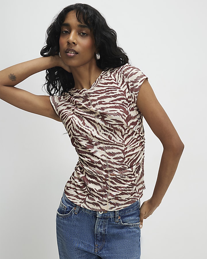 Beige Animal Print Fitted T-Shirt