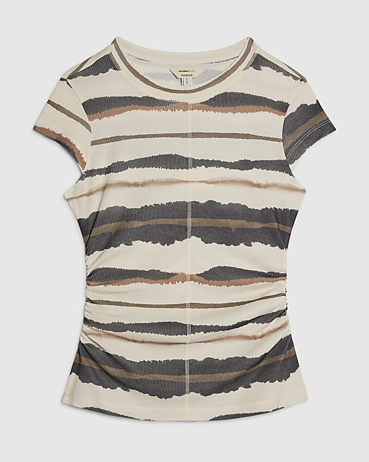 Cream Stripe Ruched Hem T-Shirt