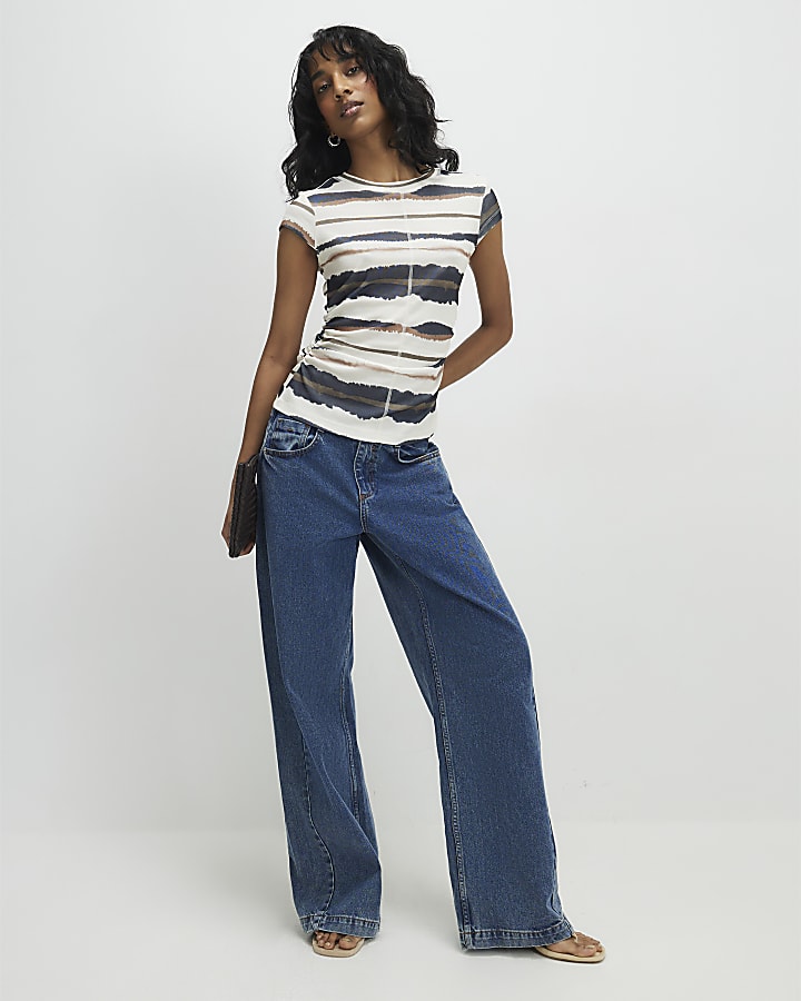 Cream Stripe Ruched Hem T-Shirt