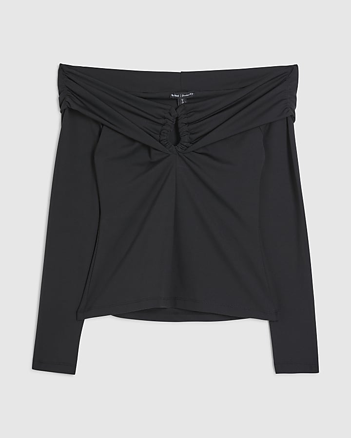 Black Fold Over Long Sleeve Bardot Top
