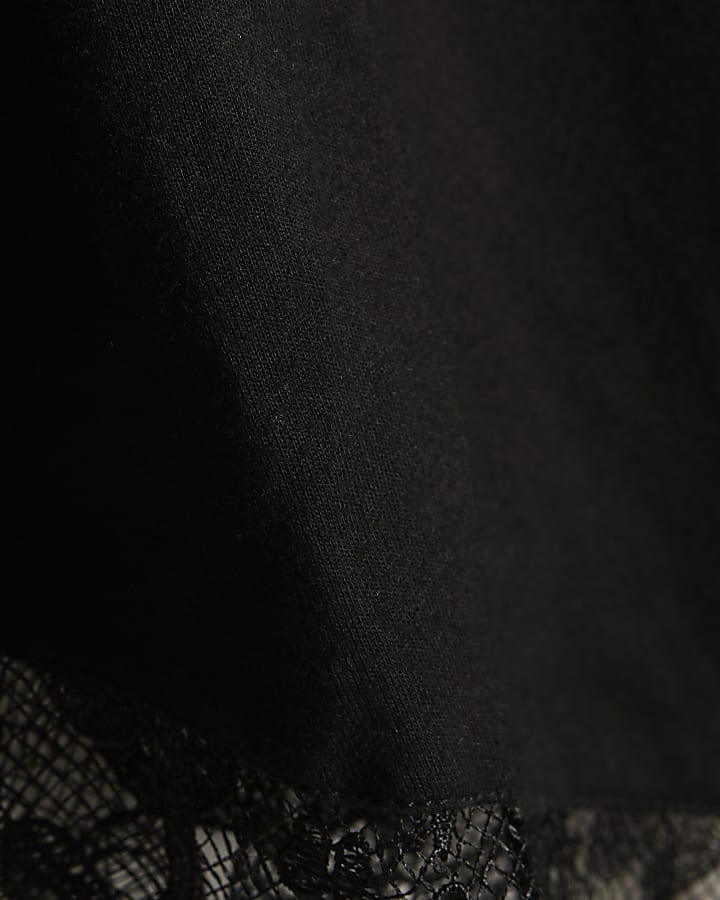 Black Cotton Asymmetric Lace Trim Top
