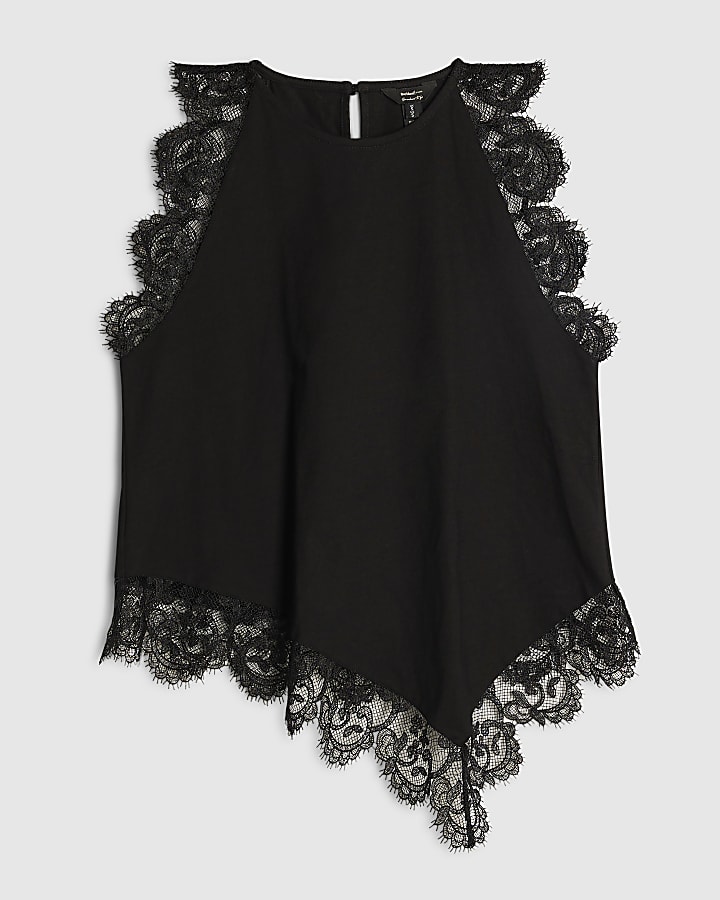 Black Cotton Asymmetric Lace Trim Top