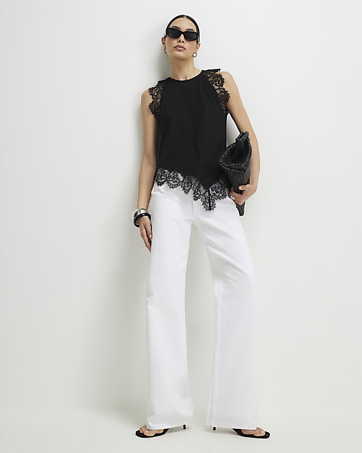 Black Cotton Asymmetric Lace Trim Top