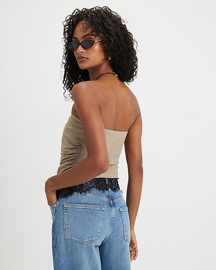 Khaki Cotton Lace Trim Bandeau Top