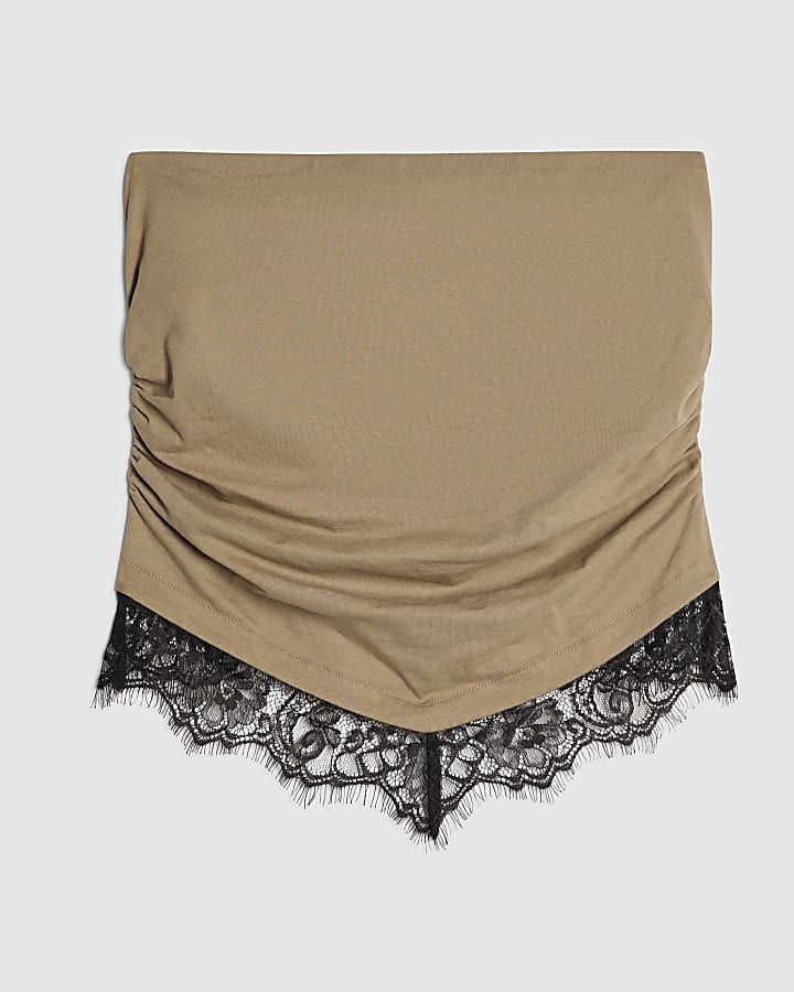 Khaki Cotton Lace Trim Bandeau Top