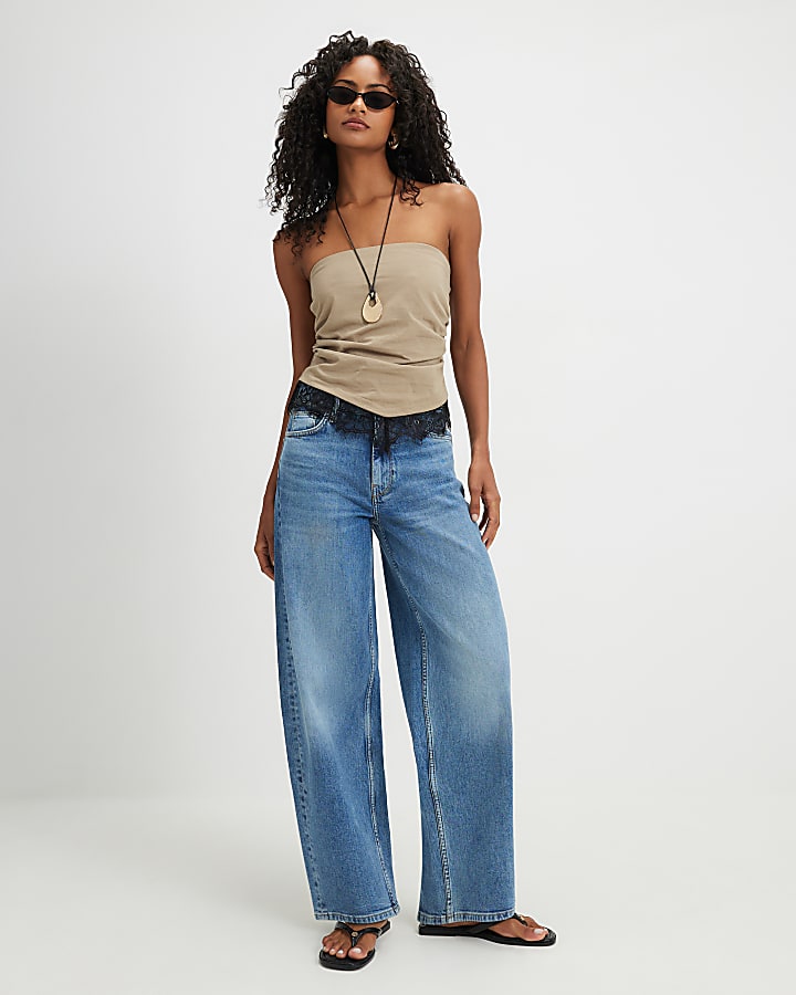 Khaki Cotton Lace Trim Bandeau Top