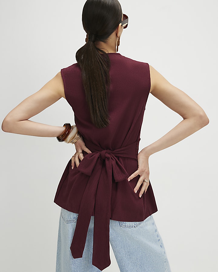 Red Crochet V Neck Tie Back Top