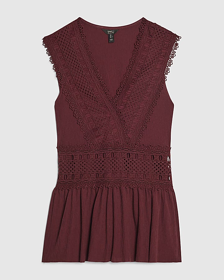 Red Crochet V Neck Tie Back Top
