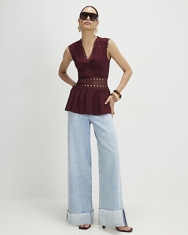 Red Crochet V Neck Tie Back Top