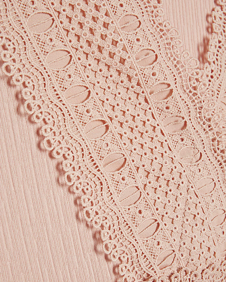 Pink Crochet V Neck Tie Back Top