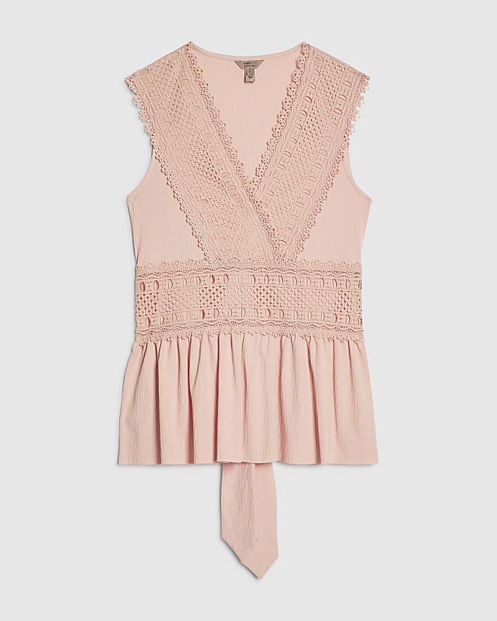 Pink Crochet V Neck Tie Back Top