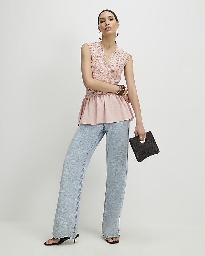 Pink Crochet V Neck Tie Back Top