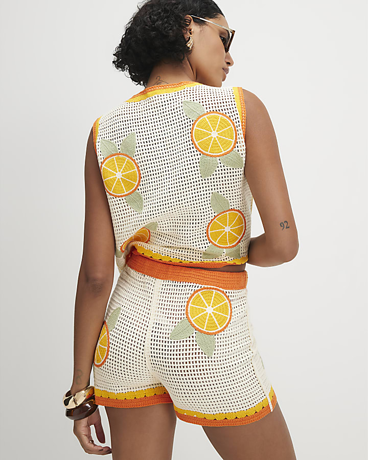 White Crochet Knit Orange Patch Shorts