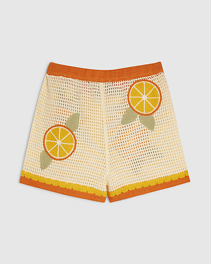 White Crochet Knit Orange Patch Shorts