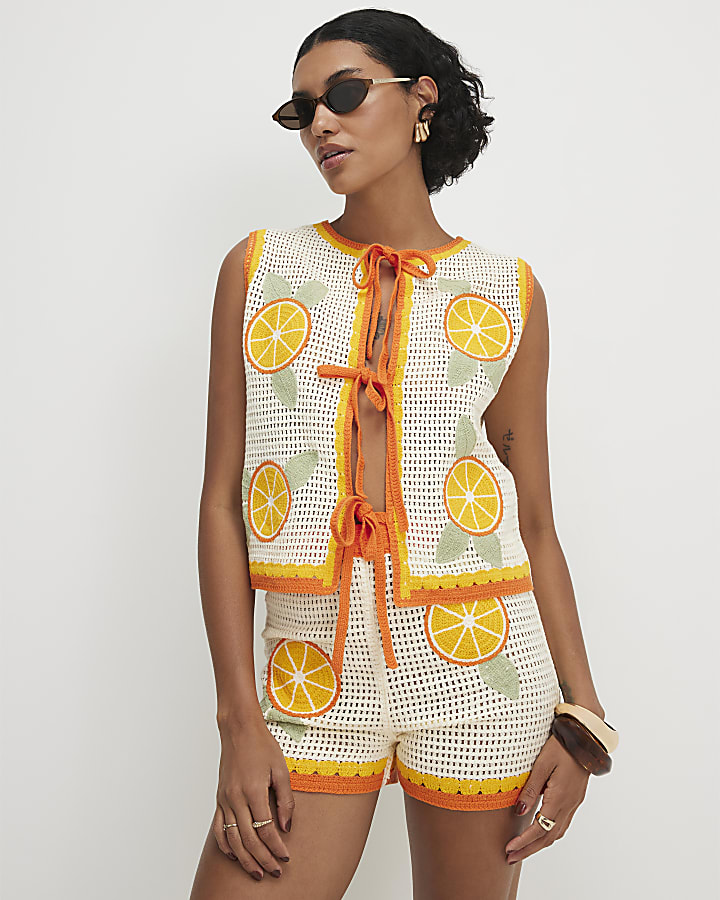 White Crochet Knit Orange Patch Shorts