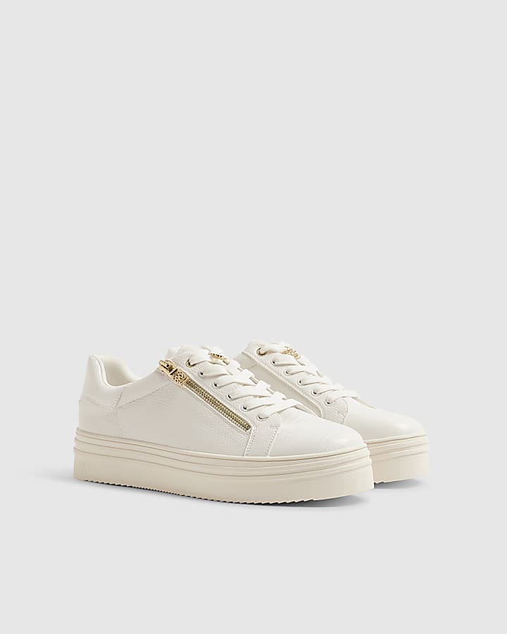 White Side Zip Lace Up Trainers