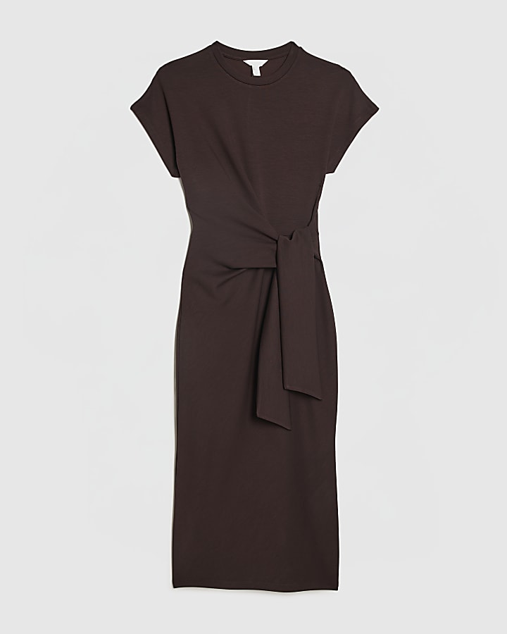 Brown Premium Short Sleeve Knot Midi Dress