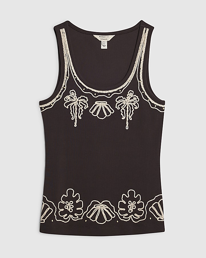 Brown Embroidered Scoop Neck Tank Top