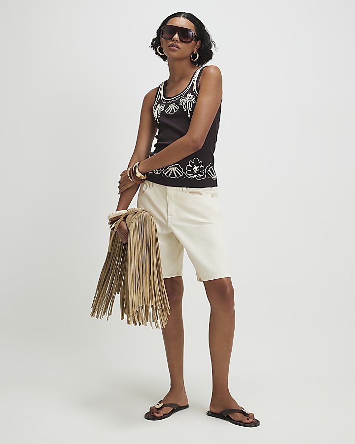 Brown Embroidered Scoop Neck Tank Top
