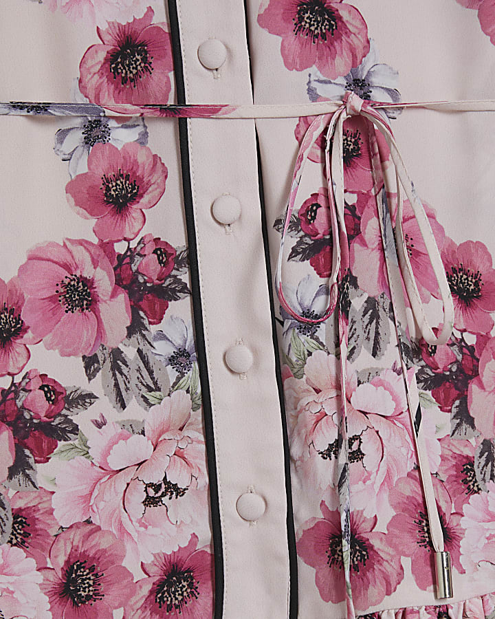 Pink Floral Long Sleeve Mini Shirt Dress