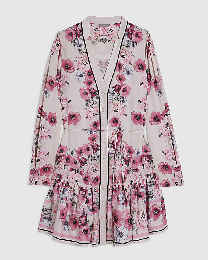 Pink Floral Long Sleeve Mini Shirt Dress
