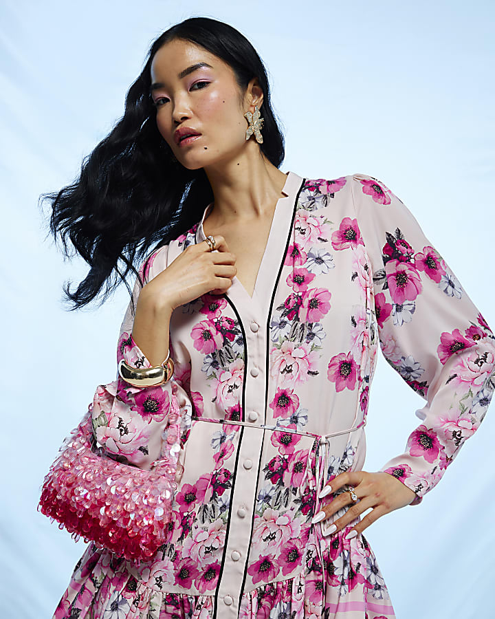 Pink Floral Long Sleeve Mini Shirt Dress