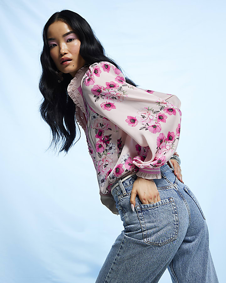 Pink Floral Half Placket Blouse