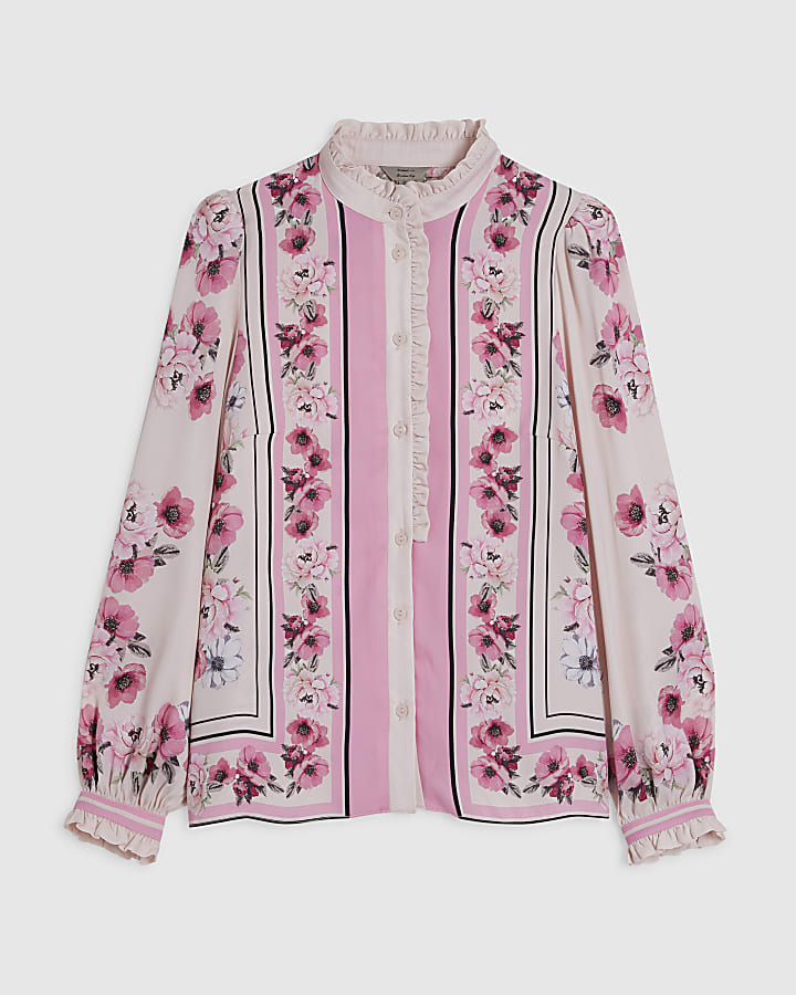 Pink Floral Half Placket Blouse