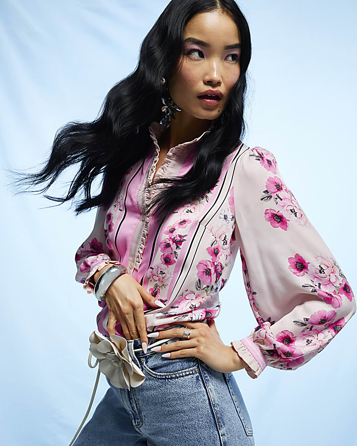 Pink Floral Half Placket Blouse